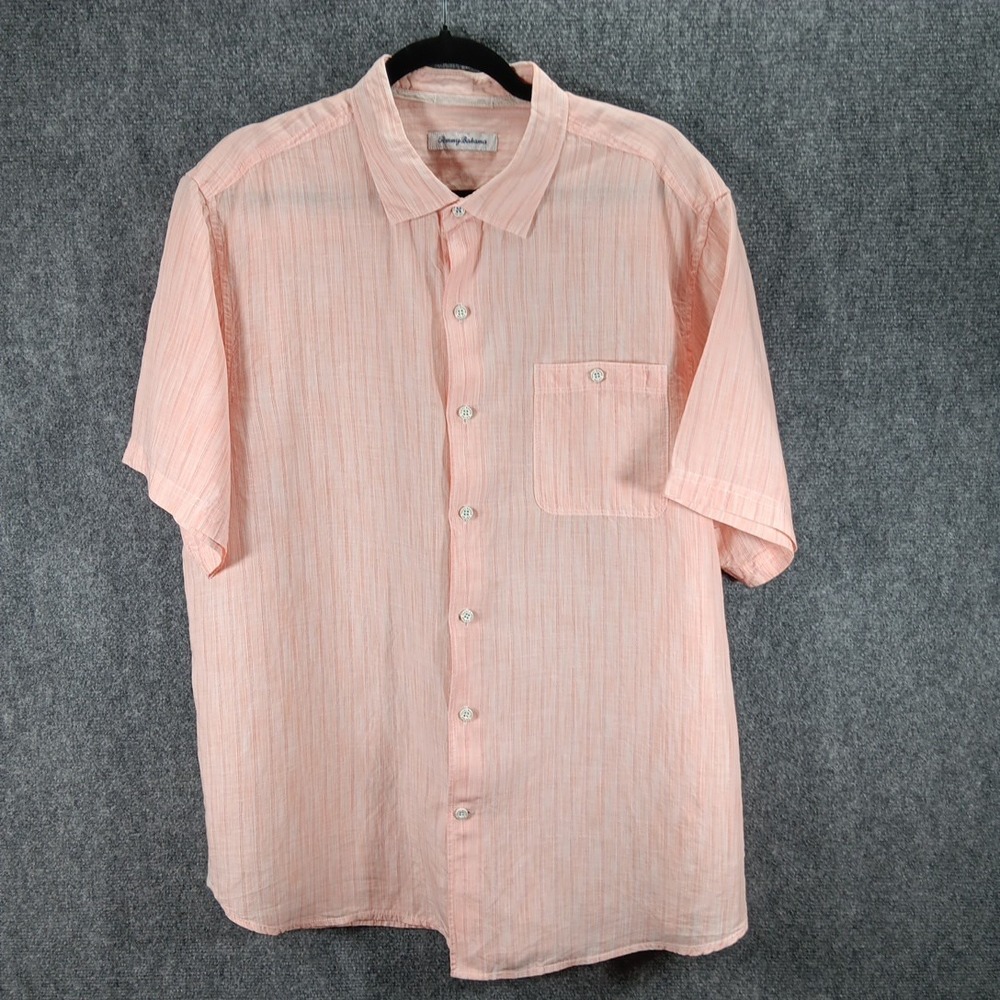 Tommy Bahama Hawaiian Shirt Mens XL Peach Striped Linen Relaxed Fit Button Up